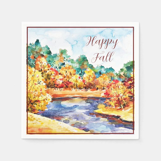 Fall watercolor landscape with customizable text  napkin (Front)