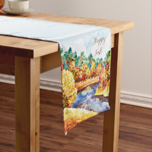 Fall watercolor landscape with customizable text short table runner