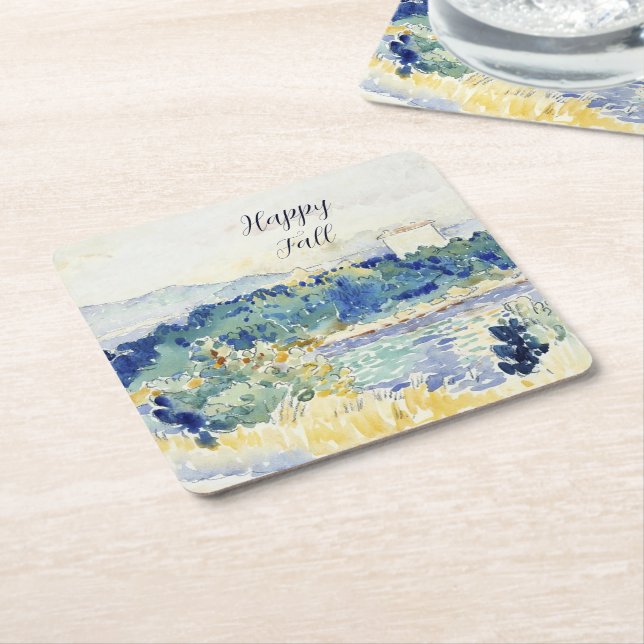 Fall watercolor landscape with customizable text  square paper coaster (Angled)