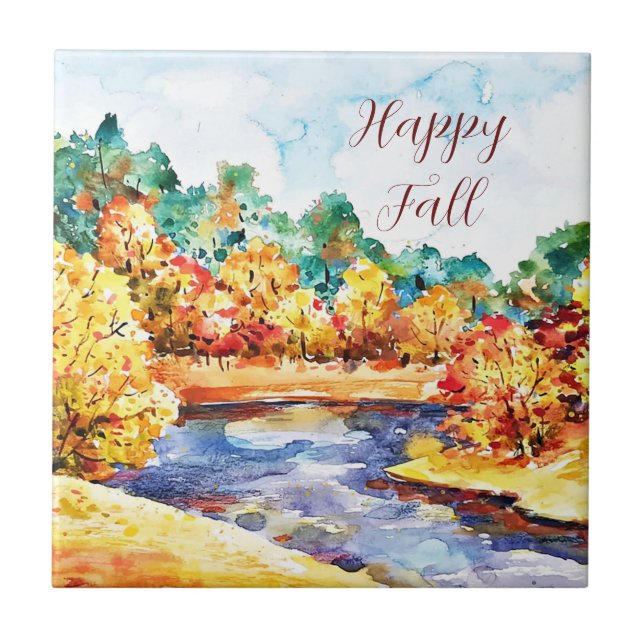 Fall watercolor landscape with customizable text  tile (Front)