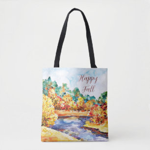 Fall watercolor landscape with customizable text  tote bag