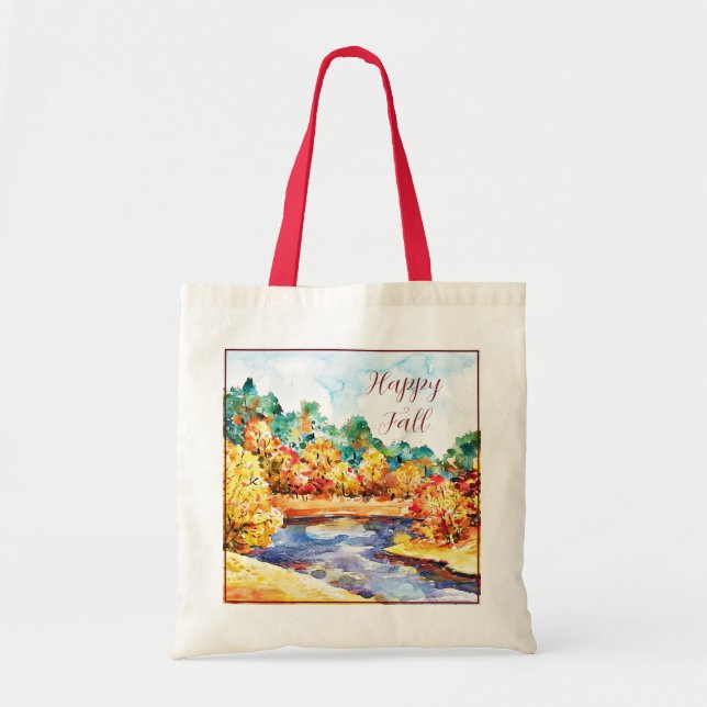 Fall watercolor landscape with customizable text tote bag (Front)