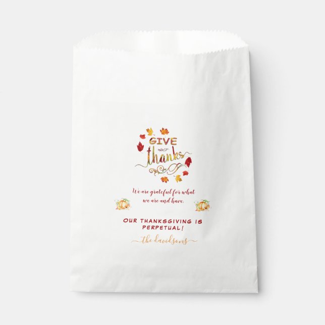 Fall Watercolor Leaves Give Thanks Monogram Favour Bag (Front)