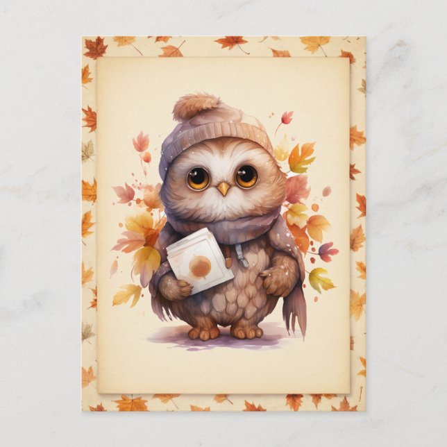 Fall Watercolor Owl - Fallen leaves Frame - Postcard (Front)