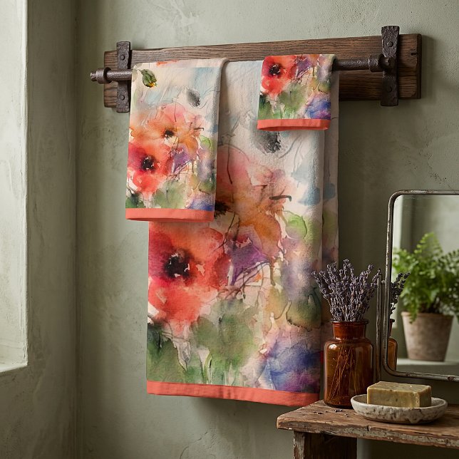 Fall watercolor poppies  bath towel set (Creator Uploaded)