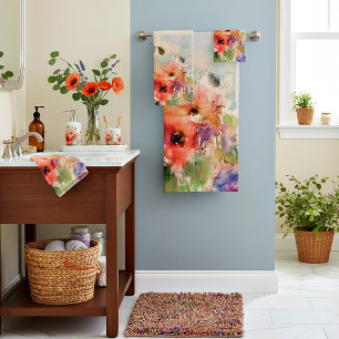 Fall watercolor poppies bath towel set