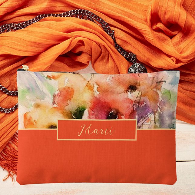 Fall watercolor poppies monogram accessory pouch (Creator Uploaded)
