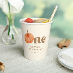  Fall Watercolor Pumpkin 1st Birthday Paper Cups