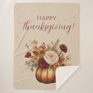 Fall Watercolor Pumpkin and Flowers- Sherpa Blanket