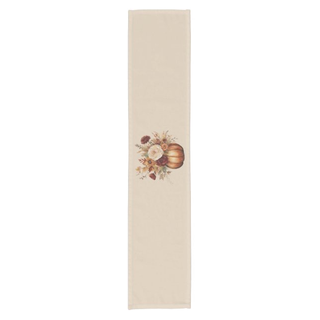 Fall-Watercolor Pumpkin and Flowers- Short Table Runner (Front)