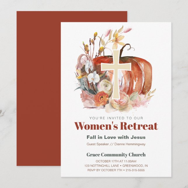 Fall Watercolor Pumpkin & Cross Women's Ministry Invitation (Front/Back)