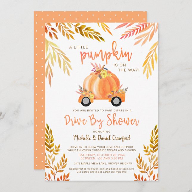 Fall Watercolor Pumpkin Drive By Baby Shower Invitation (Front/Back)