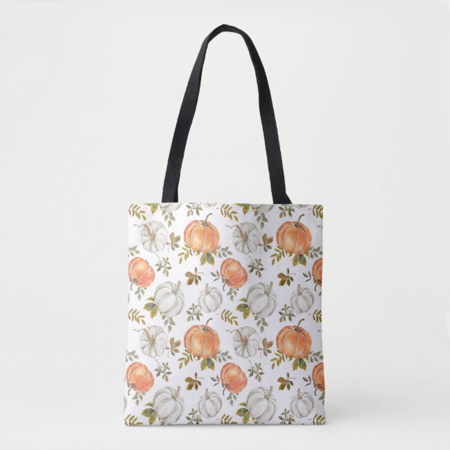 Fall Watercolor Pumpkin Pattern Tote Bag (Front)