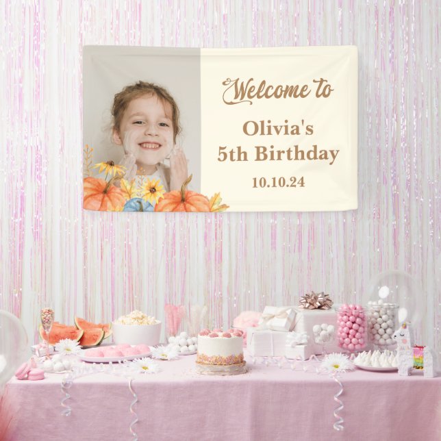  Fall Watercolor Pumpkin Photo Kids Birthday Banner (Party)