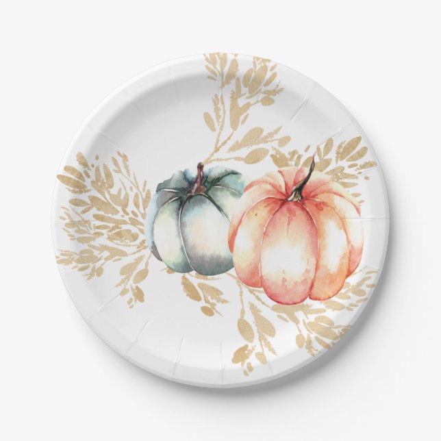 Fall Watercolor Pumpkin Wheat Shower Paper Plate (Front)