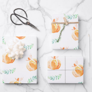 Fall Watercolor Pumpkins & Green Laurels Wrapping  Wrapping Paper Sheet