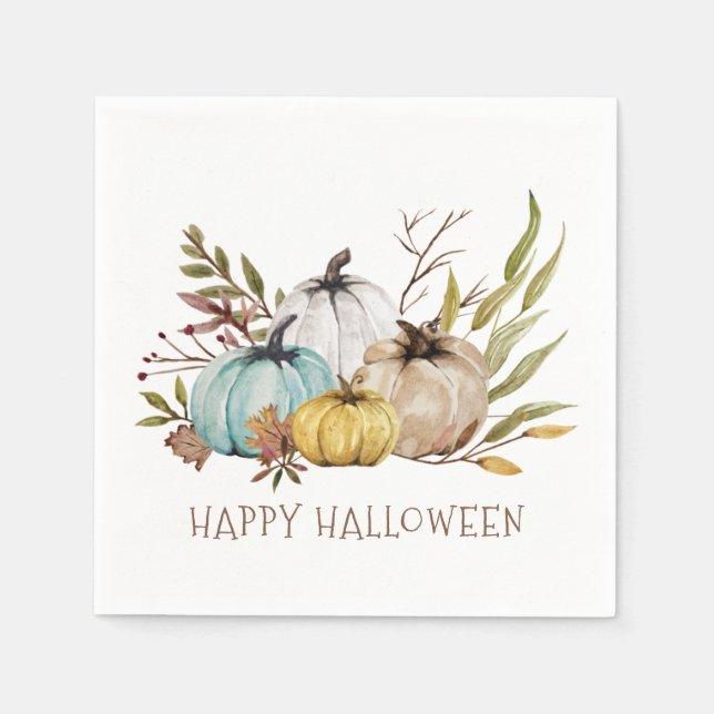 Fall Watercolor Pumpkins Happy Halloween Party Napkin (Front)