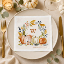 Fall Watercolor Pumpkins Monogram Thanksgiving
