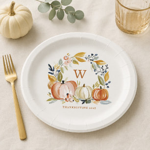 Fall Watercolor Pumpkins Monogram Thanksgiving Paper Plate