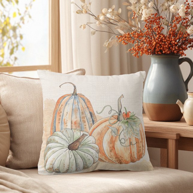 Fall Watercolor Pumpkins Throw Pillow (Fall Farmhouse Pumpkin Throw Pillow)