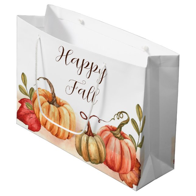 Fall watercolor pumpkins with customizable text  large gift bag (Front Angled)
