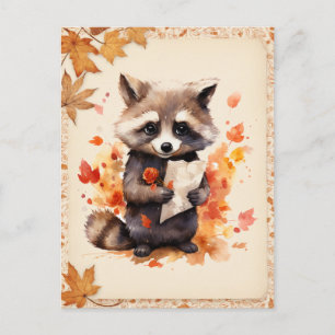 Fall Watercolor Raccoon holding a letter -  Postcard