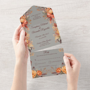 Fall Watercolor Rustic Floral Wedding All In One Invitation