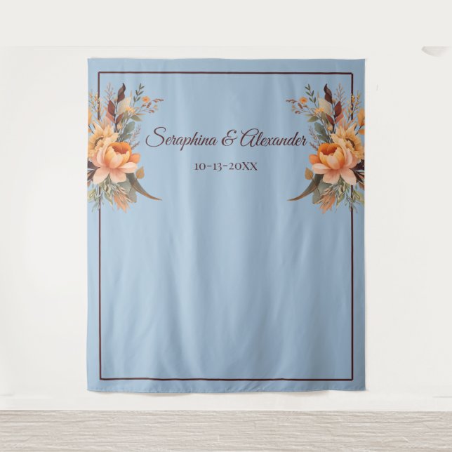 Fall Watercolor Rustic Floral Wedding Backdrop Tapestry (Front)