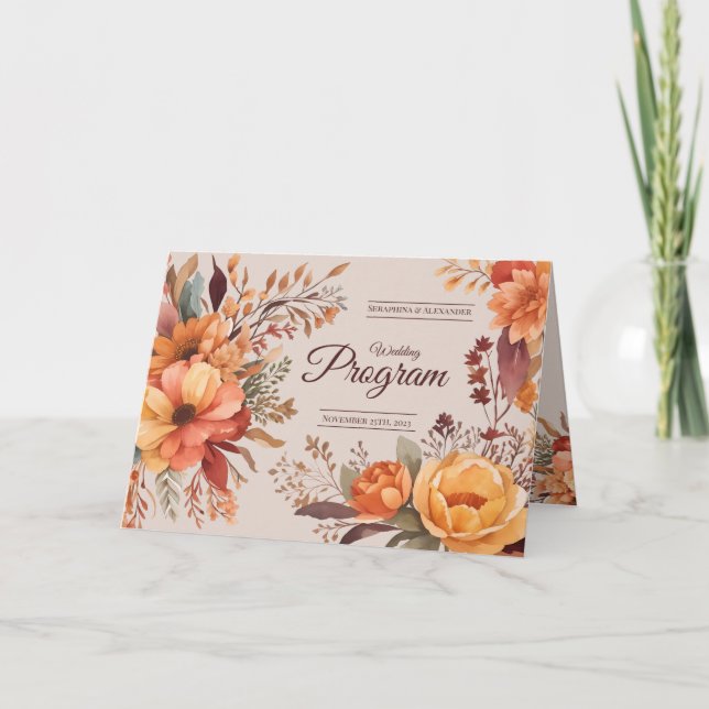 Fall Watercolor Rustic floral wedding Program (Front)