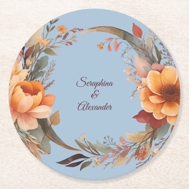 Fall Watercolor Rustic Floral Wedding Round Paper Coaster (Front)