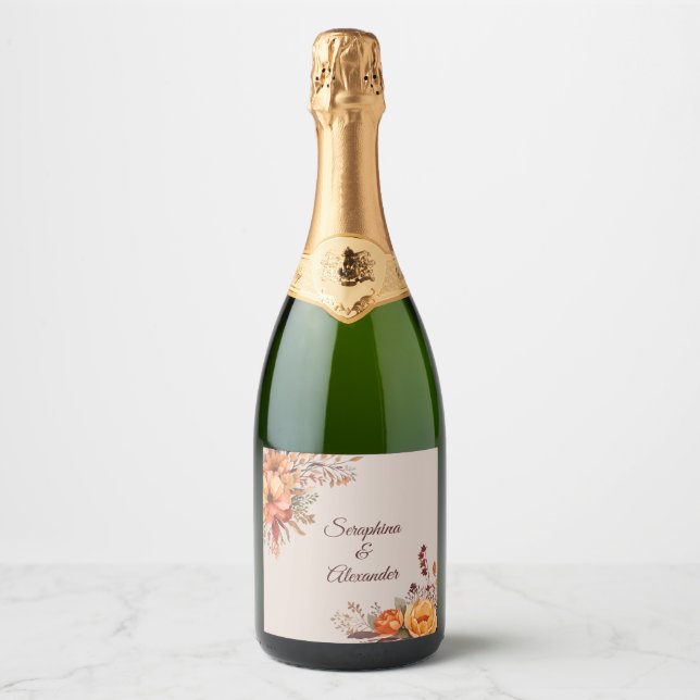 Fall Watercolor Rustic Floral Wedding Sparkling Wine Label (Front)