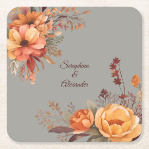 Fall Watercolor Rustic Floral Wedding Square Paper Coaster