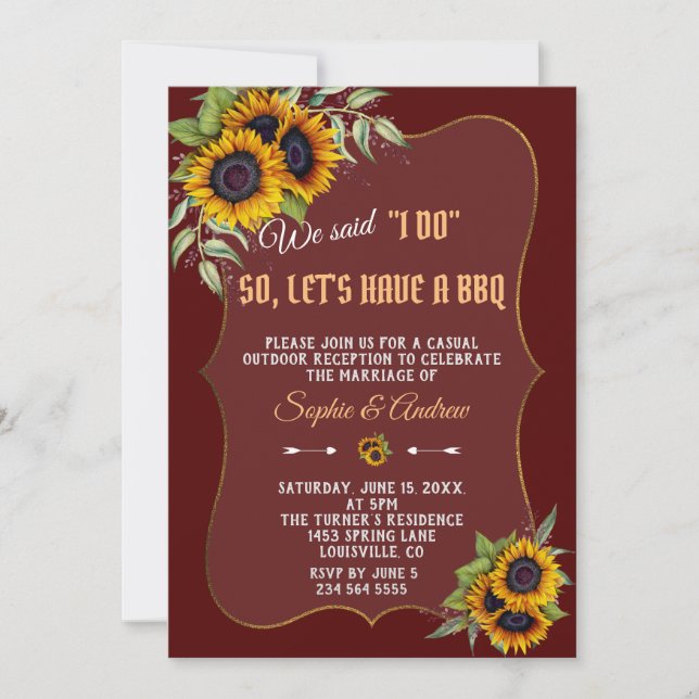 Fall Watercolor Sunflowers Burgundy I DO BBQ Invitation (Front)