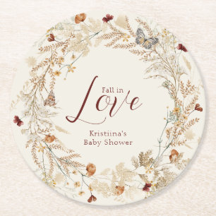 Fall Watercolor Wildflower Baby Shower Round Paper Coaster