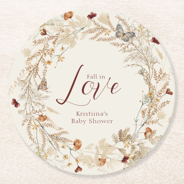 Fall Watercolor Wildflower Baby Shower Round Paper Coaster (Front)