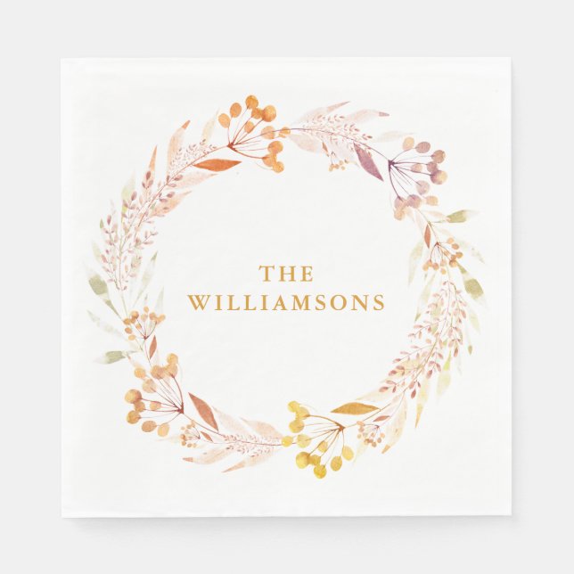 Fall Watercolor Wreath Personalized Family Name Napkin (Front)