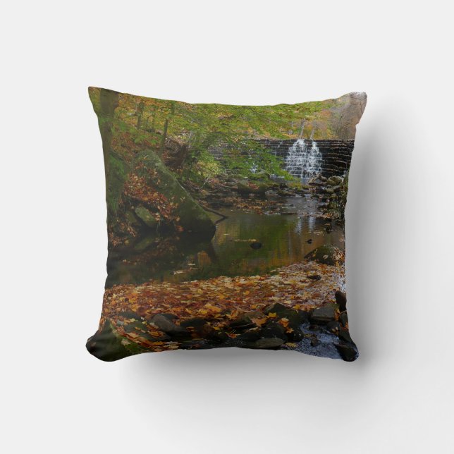 Fall Waterfall and Creek Pennsylvania Nature Throw Pillow (Front)