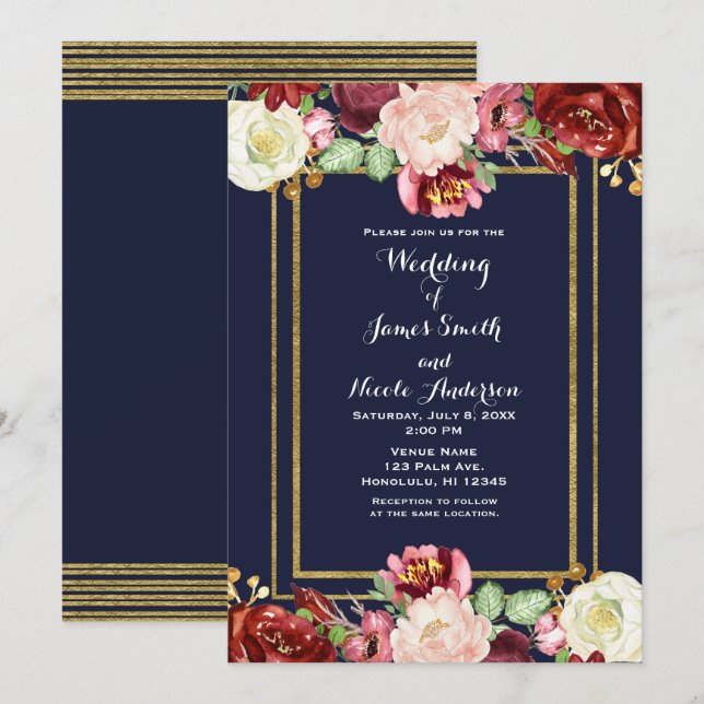 Fall Wedding Blue & Gold Chic Bold Floral Marsala Invitation (Front/Back)