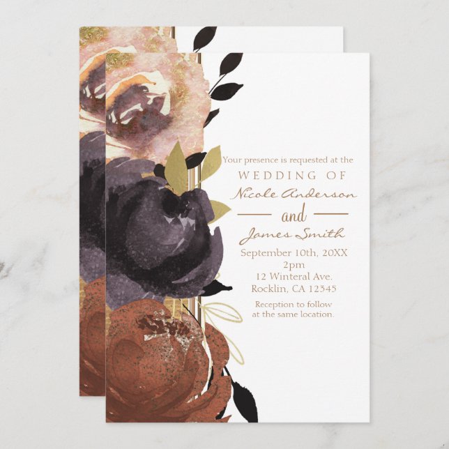 Fall Wedding Bold Glam Flowers Modern Floral Invitation (Front/Back)