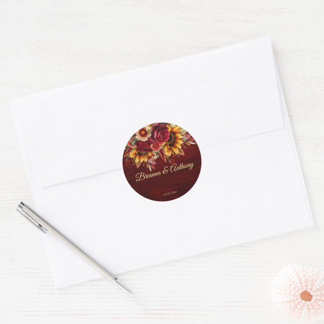 Fall wedding burgundy roses sunflowers classic round sticker (Envelope)
