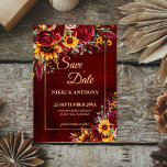 Fall wedding burgundy roses yellow sunflowers save the date<br><div class="desc">Fall wedding Burgundy roses yellow sunflowers greenery burgundy background gold frame floral wedding save the date invitation template with QR wedding website at the back.</div>