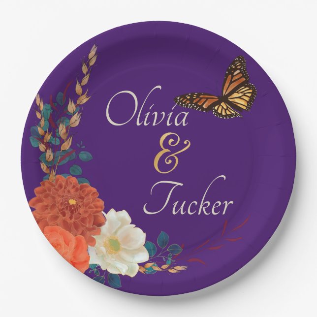 Fall Wedding Floral Butterfly Custom Paper Plate (Front)