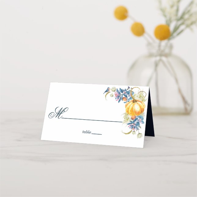 Fall Wedding Floral Pumpkin Place Card (Front)