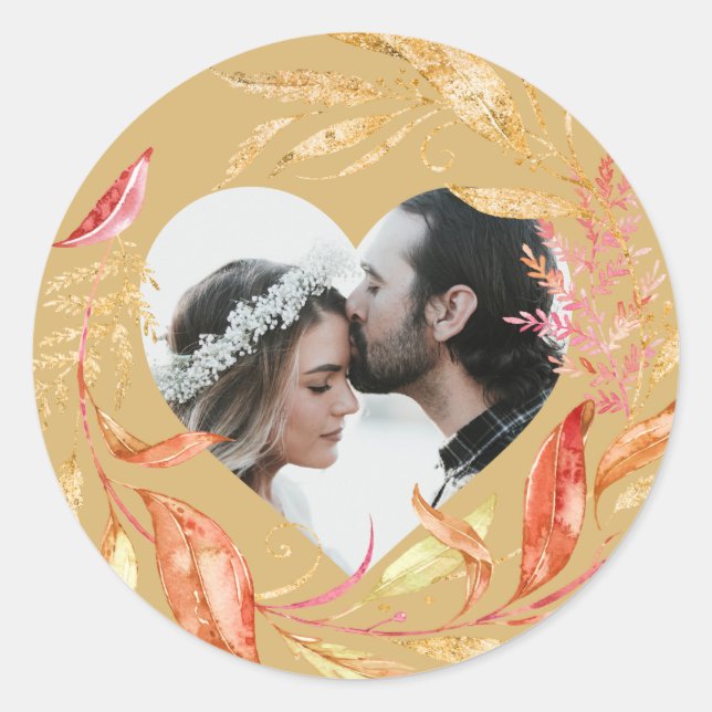 Fall Wedding Foliage Heart Photo Gold Yellow  Classic Round Sticker (Front)