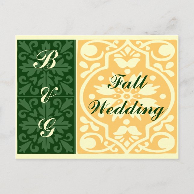Fall Wedding Green Monograms Custom Postcard (Front)