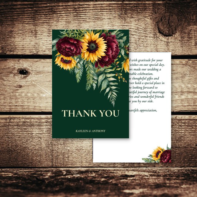Fall wedding green rustic sunflowers thank you card (Fall summer wedding emerald green rustic sunflowers burgundy flowers thank you card )