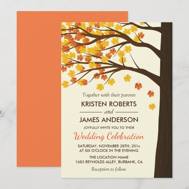 Fall Wedding Invitation | Maple Leaves Autumn Tree (Front/Back)