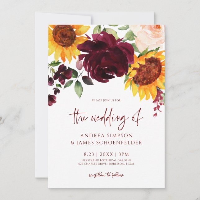 Fall Wedding Invitation Sunflowers Burgundy Roses (Front)