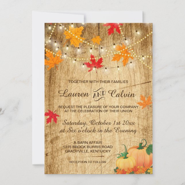 Fall wedding invitation with leaves and pumpkins (Front)