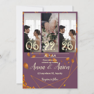 Fall Wedding Invitation with Photos | Plum, Copper